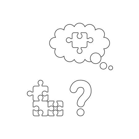 Vector illustration icon concept of three parts connected puzzle, question mark and missing puzzle piece. Black outlines.のイラスト素材