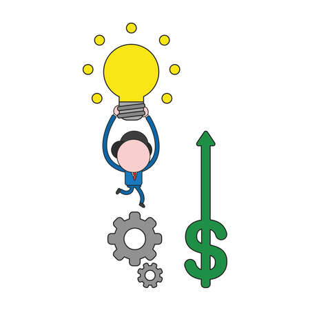 Vector illustration businessman character running on gears, holding up glowing light bulb and dollar moving up. Color and black outlines.のイラスト素材