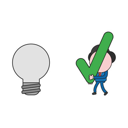 Vector illustration businessman character walking and carrying check mark to light bulb icon. Color and black outlines.のイラスト素材
