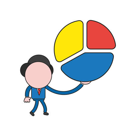 Vector illustration businessman character walking and holding three pieces diagram pie. Color and black outlines.のイラスト素材