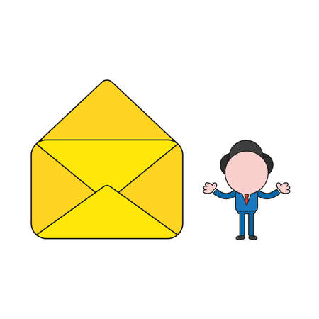 Vector illustration businessman character with empty open mail envelope. Color and black outlines.のイラスト素材
