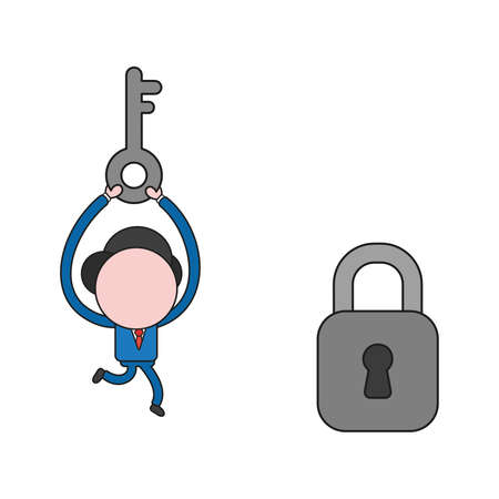 Vector illustration businessman character running and carrying key to unlock padlock. Color and black outlines.のイラスト素材