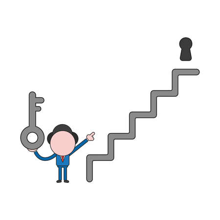 Vector illustration businessman character holding key and pointing keyhole on top of stairs. Color and black outlines.のイラスト素材