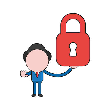 Vector illustration businessman character holding closed padlock and gesturing hand stop sign. Color and black outlines.のイラスト素材
