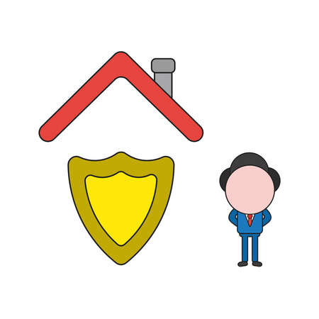Vector illustration businessman character with guard shield under house roof. Color and black outlines.のイラスト素材