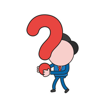 Vector illustration businessman character walking and holding question mark. Color and black outlines.のイラスト素材