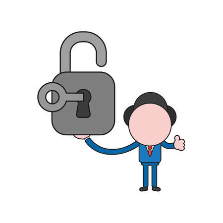 Vector illustration businessman character holding open padlock with key and showing thumbs up. Color and black outlines.のイラスト素材