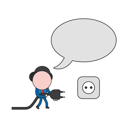 Vector illustration businessman character with blank speech bubble, walking and holding plug to plugged into outlet. Color and black outlines.のイラスト素材