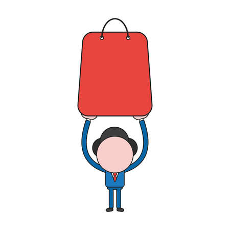 Vector illustration businessman character holding up shopping bag. Color and black outlines.のイラスト素材
