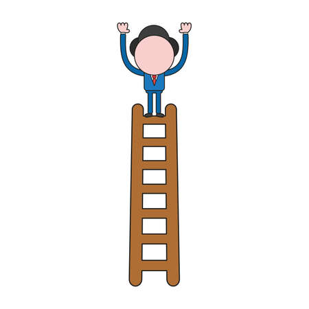 Vector illustration businessman character standing on top of wooden ladder. Color and black outlines.のイラスト素材