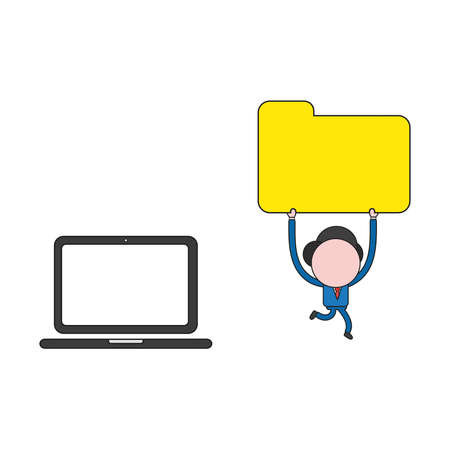 Vector illustration businessman character running and carrying closed file folder from laptop computer. Color and black outlines.のイラスト素材