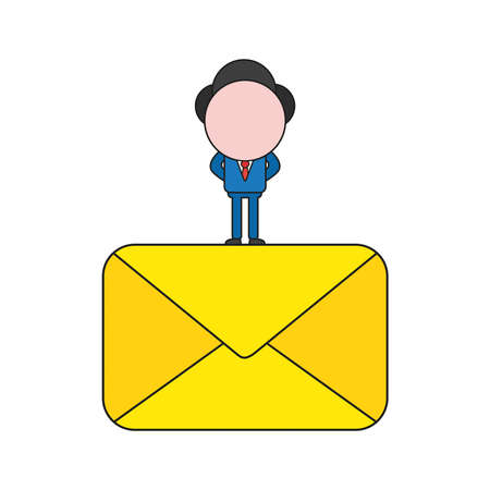 Vector illustration businessman character standing on closed mail envelope. Color and black outlines.のイラスト素材