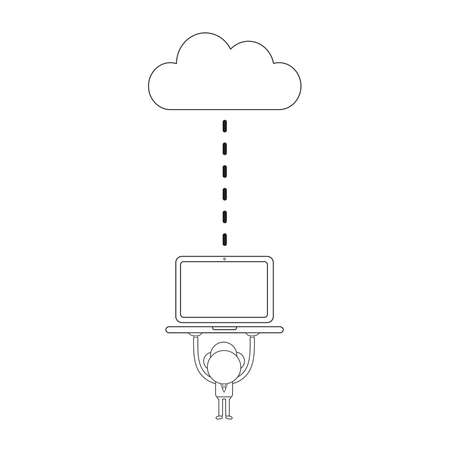 Vector illustration businessman character holding up laptop computer connecting with cloud. Black outline.のイラスト素材