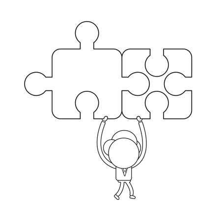 Vector illustration businessman character walking and holding up connected two jigsaw puzzle pieces. Black outline.のイラスト素材