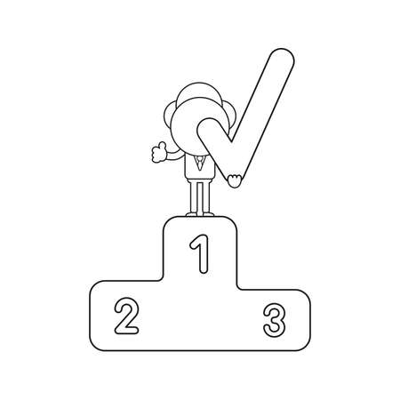 Vector illustration businessman character holding check mark on first place of winners podium and gesturing thumbs up. Black outline.のイラスト素材