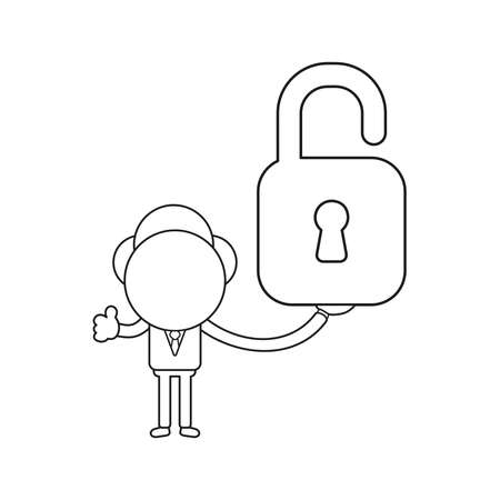Vector illustration businessman character holding open padlock and gesturing thumbs up. Black outline.のイラスト素材