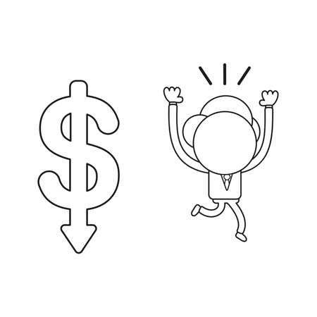 Vector illustration businessman character running away from dollar arrow moving down. Black outline.のイラスト素材