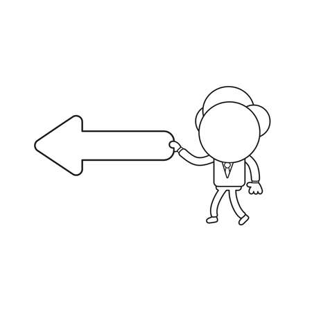 Vector illustration businessman character walking and holding arrow pointing left. Black outline.のイラスト素材