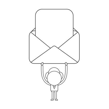 Vector illustration businessman character holding up open envelope with blank paper. Black outline.のイラスト素材