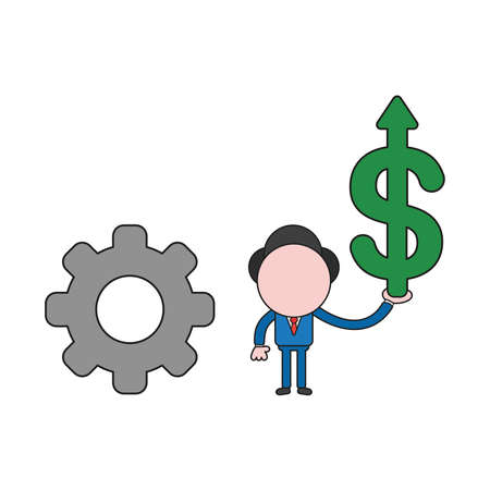 Vector illustration businessman character with gear and holding dollar arrow moving up. Color and black outlines.のイラスト素材