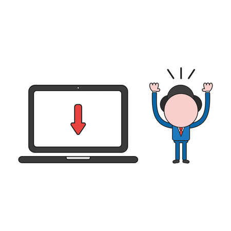 Vector illustration businessman character with laptop computer and arrow moving down. Color and black outlines.のイラスト素材