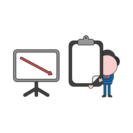 Vector illustration businessman character with sales chart arrow moving down and holding clipboard with blank paper. Color and black outlines.のイラスト素材