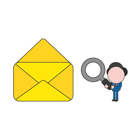 Vector illustration businessman character holding magnifying glass and looking at open empty mail envelope. Color and black outlines.のイラスト素材