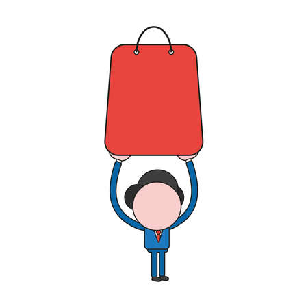 Vector illustration businessman character holding up shopping bag. Color and black outlines.のイラスト素材