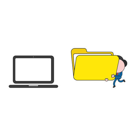 Vector illustration businessman character walking and carrying open file folder to laptop computer. Color and black outlines.のイラスト素材