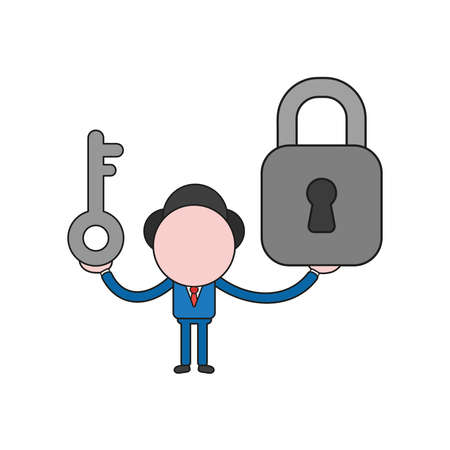 Vector illustration businessman character holding key and closed padlock. Color and black outlines.のイラスト素材