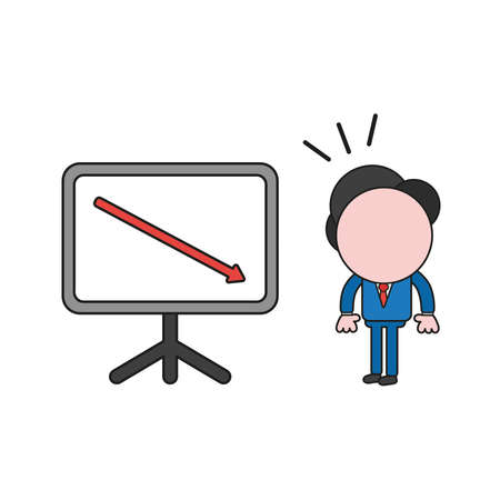 Vector illustration businessman character looking sales chart arrow moving down. Color and black outlines.のイラスト素材