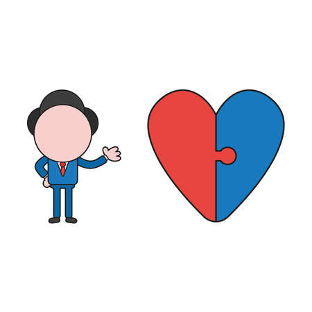 Vector illustration businessman character with connected heart jigsaw puzzle pieces. Color and black outlines.のイラスト素材