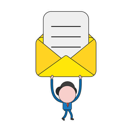 Vector illustration businessman character walking and holding up open mail envelope with written paper. Color and black outlines.のイラスト素材