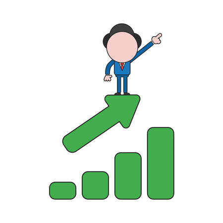 Vector illustration businessman character pointing up and standing on sales chart arrow moving up. Color and black outlines.のイラスト素材