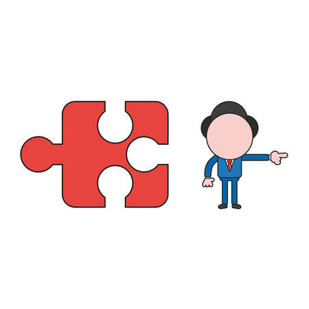 Vector illustration businessman character with missing puzzle piece and pointing. Color and black outlines.のイラスト素材