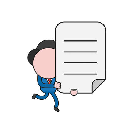 Vector illustration businessman character running and carrying written paper. Color and black outlines.のイラスト素材