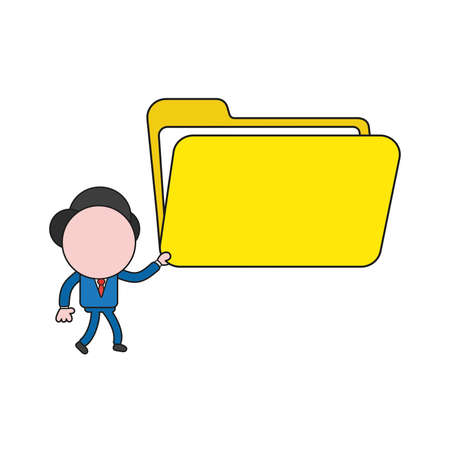 Vector illustration businessman character walking and holding open file folder. Color and black outlines.のイラスト素材