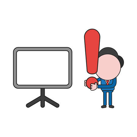 Vector illustration businessman character holding exclamation mark with blank presentation chart. Color and black outlines.のイラスト素材
