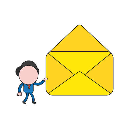 Vector illustration businessman character walking and holding open empty mail envelope. Color and black outlines.のイラスト素材