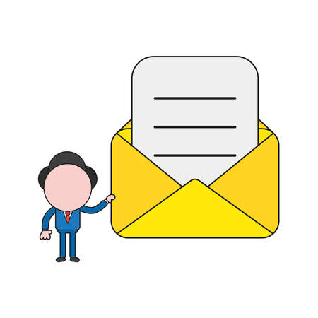 Vector illustration businessman character holding open mail envelope with written paper. Color and black outlines.のイラスト素材