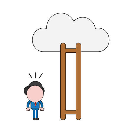 Vector illustration businessman character looking wooden ladder with missing steps to reach cloud. Color and black outlines.のイラスト素材
