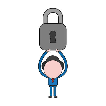 Vector illustration businessman character holding up closed padlock. Color and black outlines.のイラスト素材