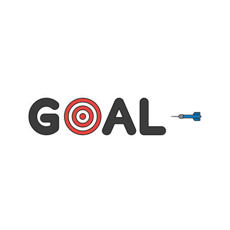 Flat design style vector illustration concept of goal text with bulls eye and dart symbol icon on white background. Colored, black outlines.のイラスト素材