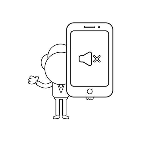 Vector illustration businessman character holding smartphone with sound off icon. Black outline.のイラスト素材