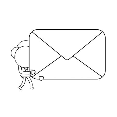 Vector illustration businessman character walking and holding closed mail envelope. Black outline.のイラスト素材