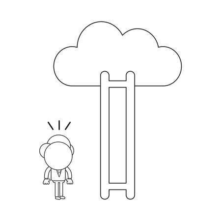 Vector illustration businessman character looking wooden ladder with missing steps to reach cloud. Black outline.のイラスト素材