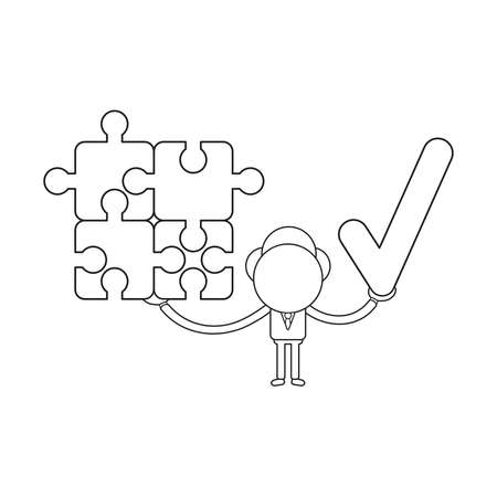 Vector illustration businessman character holding connected jigsaw puzzle pieces and check mark. Black outline.のイラスト素材