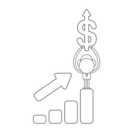 Vector illustration businessman character standing on sales bar chart moving up and holding up dollar symbol with arrow moving up. Black outline.のイラスト素材