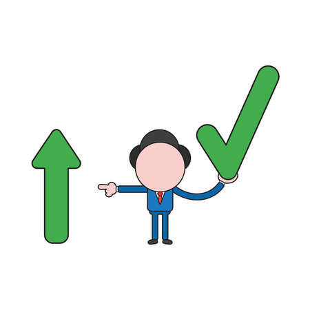 Vector illustration businessman character holding check mark and pointing arrow moving up. Color and black outlines.のイラスト素材