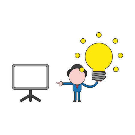 Vector illustration businessman character holding glowing light bulb idea and pointing blank presentation chart. Color and black outlines.のイラスト素材